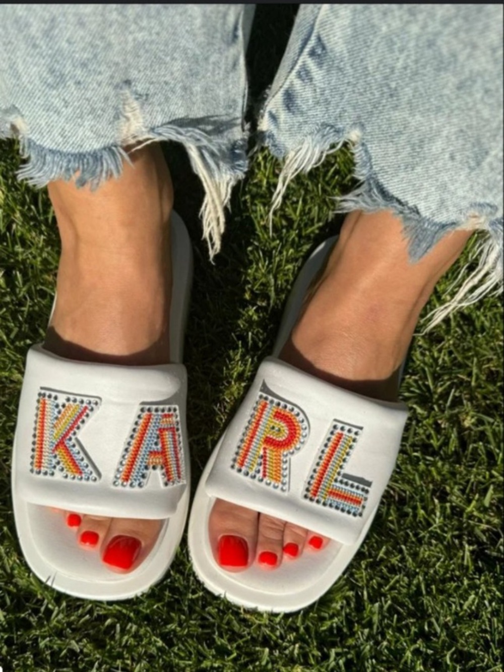 Karl Lagerfeld White Slide Sandals with Multicolor Beaded KARL Patch